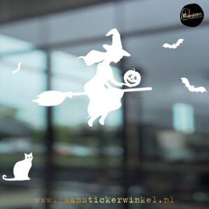 raamsticker heks halloween op bezem wit RSW