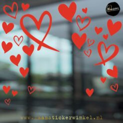 Raamsticker confetti hartjes mix rood RSW copyright ®raamstickerwinkel