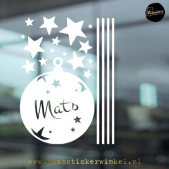 Raamsticker kerstbal met naam sterren wit A4 copyright ®raamstickerwinkel
