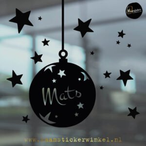 Raamsticker kerstbal met naam sterren zwart copyright ®raamstickerwinkel