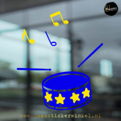 Raamsticke trommel sterren carnaval geel blauw RSW copyright ®raamstickerwinkel