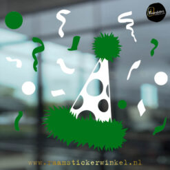 Raamsticker feestmuts feest wit groen RSW copyright ®raamstickerwinkel