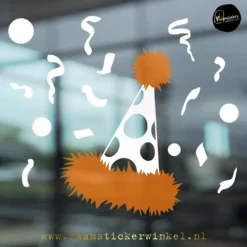 Raamsticker Carnaval feest muts wit transparant oranje RSW