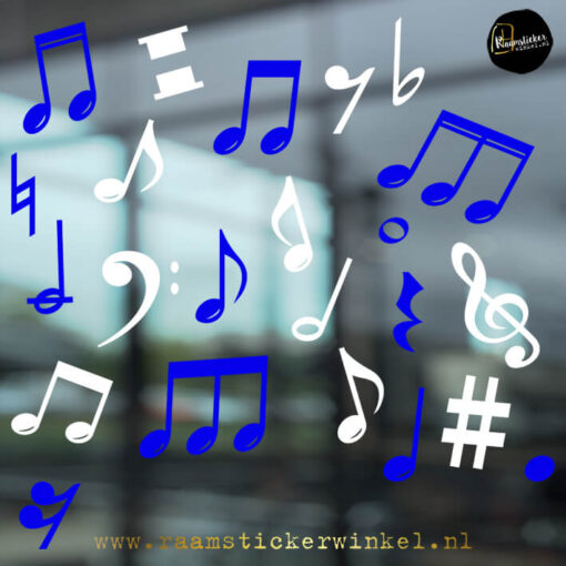 Carnaval raamsticker muzieknoten feest wit blauw RSW copyright ®raamstickerwinkel