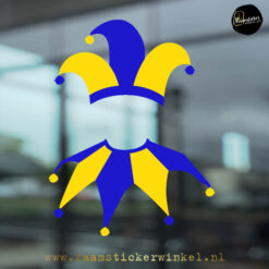 Raamsticker Carnaval Joker blauw geel RSW copyright ®raamstickerwinkel