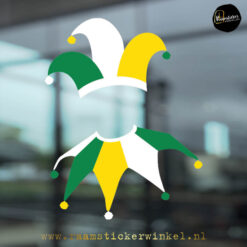 carnaval raamsticker Joker wit geel groen RSW copyright ®raamstickerwinkel