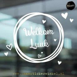 Geboortesticker cirkel hartjes raamsticker herbruikbaar wit copyright ®raamstickerwinkel