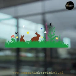 Raamsticker Pasen lente Grasstrook konijntjes kleur copyright ®raamstickerwinkel