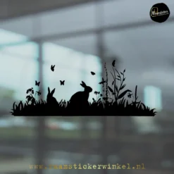 Raamsticker Pasen lente Grasstrook konijntjes zwart copyright ®raamstickerwinkel