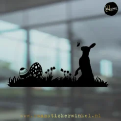Raamsticker Pasen lente Grasstrook paashaas ei zwart copyright ®raamstickerwinkel