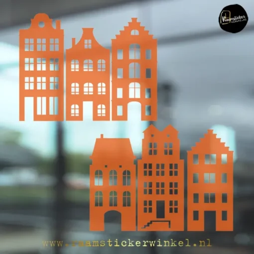 Koningsdag huisjes grachtenpandjes Amsterdam Huisjes set 6 oranje transparant copyright ®raamstickerwinkel