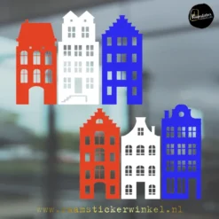 Amsterdamse grachtenpandjes rood wit blauw koningsdag EK WK huisjes set van 6 copyright ®raamstickerwinkel