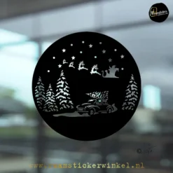 Raamsticker Kerst cirkel wit met auto arreslee kerstman en rendieren zw