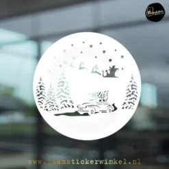Raamsticker Kerst cirkel wit met auto arreslee kerstman en rendieren wit