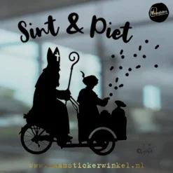 Raamsticker bakfiets Sint en Piet Sinterklaas fietst Piets strooit snoepgoed