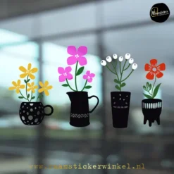 Potjes met bloemetjes in pot raamtsticker bloemen set 4 full color RSW