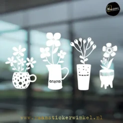Potjes met bloemetjes in pot raamtsticker bloemen set 4 wit RSW