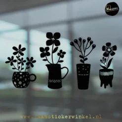 Potjes met bloemetjes in pot raamtsticker bloemen set 4 zwart RSW