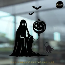 Halloween raamsticker met spook, pompoenballon, kat en vleermuizen