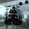 Halloween raamsticker spookhuis, vleermuizen, pompoenen en kale bomen